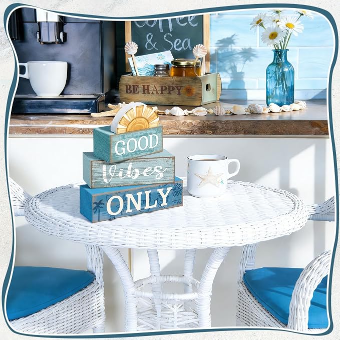 Lineshading 4 Pcs Summer Beach Table Decor Good Vibes Only Wooden Sunshine | Rustic Wooden Coastal Style, California Beach Vibes, Tiered Tray Centerpiece for Living Room, Positive Message Display