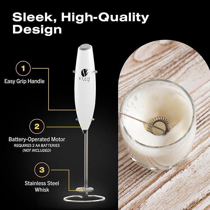 Bean Envy Milk Frother Handheld - Coffee Mixer Wand with Stand - White | Battery Operated, Stainless Steel Whisk, 19000 RPM, Protein Powder Blender, Electric Stirrer, Mini Foamer