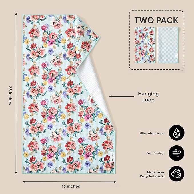 RECYCO Waffle Kitchen Towel Set of 2 - Quick Dry Microfiber Sustainable Dish Towels - Absorbent Reusable Cleaning Tea Towels - Lightweight Hand Towels,16”x 28”, Cuckoo Checker