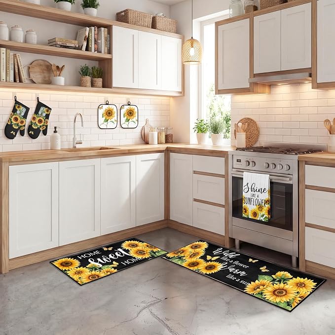 10 Pcs Kitchen Decor and Accessories Set, Sunflower | Floral Farmhouse 4 Dish Towels Kitchen Rugs 2 Oven Mitts 2 Pot Holders, Home Decor for Cooking Baking BBQ Housewarming