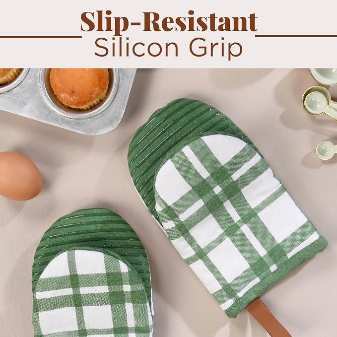 Folkulture Oven Mitts, Green Checkered, Set of 2,Heat Resistant -(5.75"x9") | 100% Cotton, Non Slip, Silicone, Cute Mini Mits with Hanging Loop, Kitchen Décor, Cooking Gifts, New Home Essentials