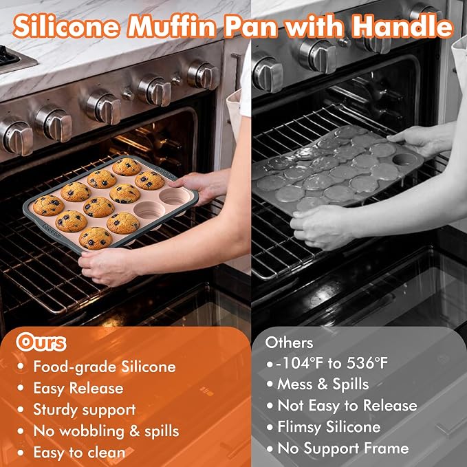 2 Pack Silicone Muffin Pan for Baking with Metal Reinforced Frame, Foldable 12 Cup Regular Size Nonstick Cupcake Pan, Muffin Tray for Baking, Dishwasher Safe Egg Bite Molds for Oven，Pink