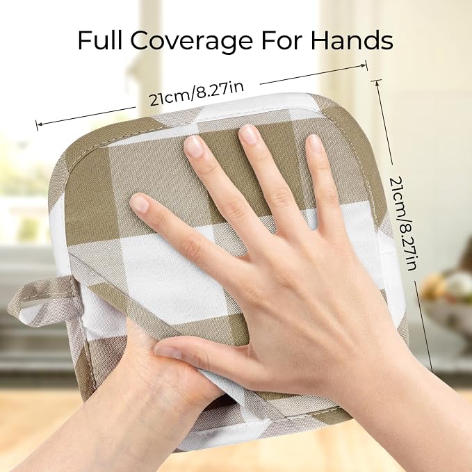 Cotton Pot Holders for Kitchen Heat Resistant Potholder, Hot Pads, Trivet Coaster Non-Slip Potholders Set for Cooking and Baking (2, Light Brown Plaid, Square，8.27 in²)