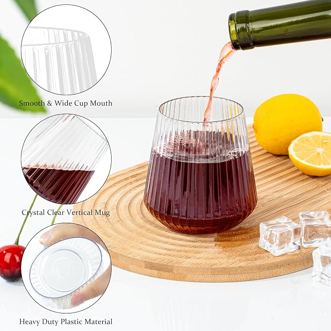 BESTSTAR 72 Pcs 12oz Plastic Clear Ribbed Wine Glasses,Origami Ripple Glass | Disposable Champagne Glasses Elegant Whiskey Glasses Ideal for Weddings, Bars, Christmas, Halloween, Pool Party, Daily Use