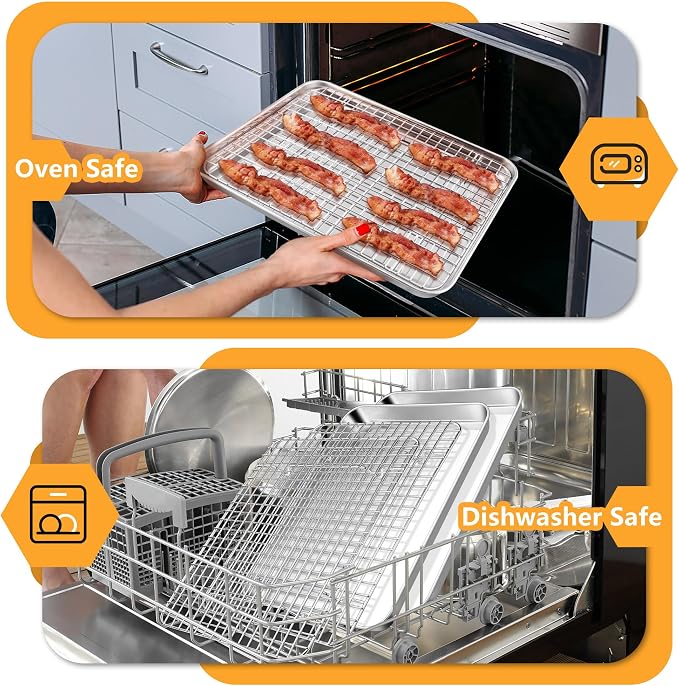 TeamFar Cookie Sheets with Cooling Racks, 2 Pans + 2 Racks, 12.5x9.5x1 Inch | Stainless Steel Cookies Sheet Baking Tray Pan with Grid Cooling Rack for Toaster Oven, Healthy & Heavy-Duty, Dishwasher Safe