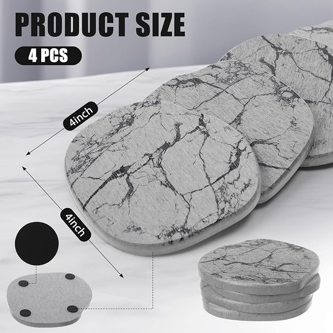 Diatomaceous Earth Coasters Set of 4，Cool Absorbent Quick-Dry Drink Coasters for Desks, Cute Modern Stone Design with Stylish White Aesthetic (4, Marble Light Grey)