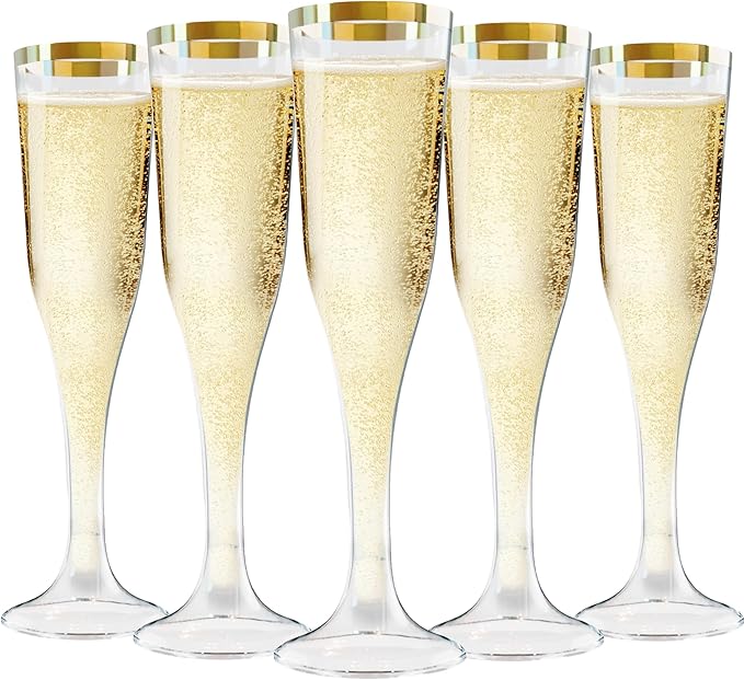 Zcaukya Plastic Champagne Flutes, 100 Count, 4.5oz, Clear with Golden Rim | Disposable Hard Stemware Cups, For Wedding, Graduation Party, Bridal Shower, Birthday Party