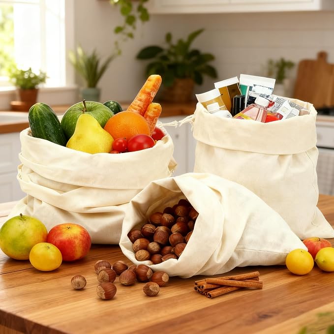 PrettyCare 15x13 Inch Reusable Cotton Storage Bags, 3-Pack Muslin Drawstring Bags for Bread, Potatoes, Onions, Produce; Biodegradable Canvas Fabric Sacks for Shoes, Laundry, Clothes, Travel Storage