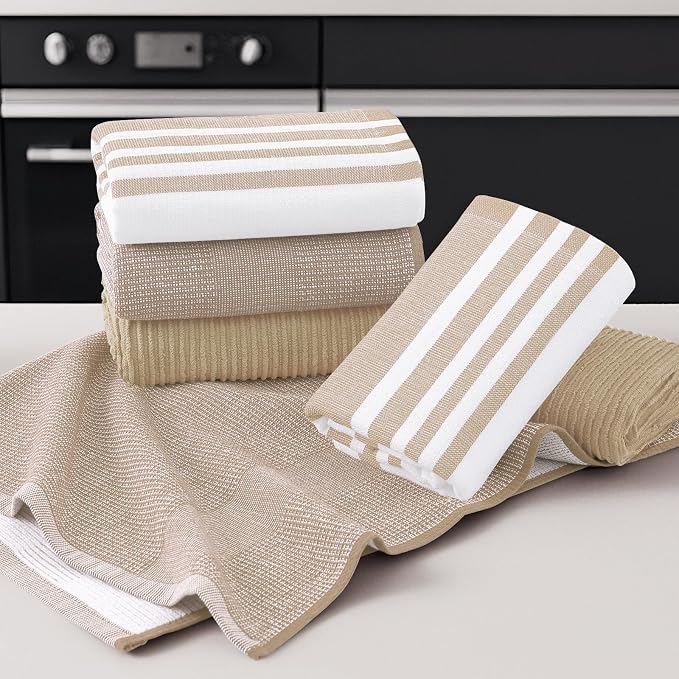 Homaxy Cotton 380 GSM Premium Kitchen Towels, 18"x 28", 9 Pack, Khaki | Soft and Absorbent Terry Dish Towels, Multipurpose Tea Towel Set with Hanging Loop, 3 Styles Kitchen Hand Towels