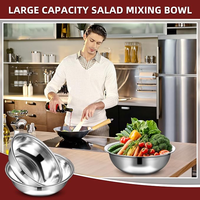 6 Pcs Stainless Steel Mixing Bowls Metal Mixing Bowls Extra Large Basin Salad Bowl with Deeper Edge, Dishwasher Safe, Mirror Finish for Home and Commercial, Silver (18 Inch 16 Qt)