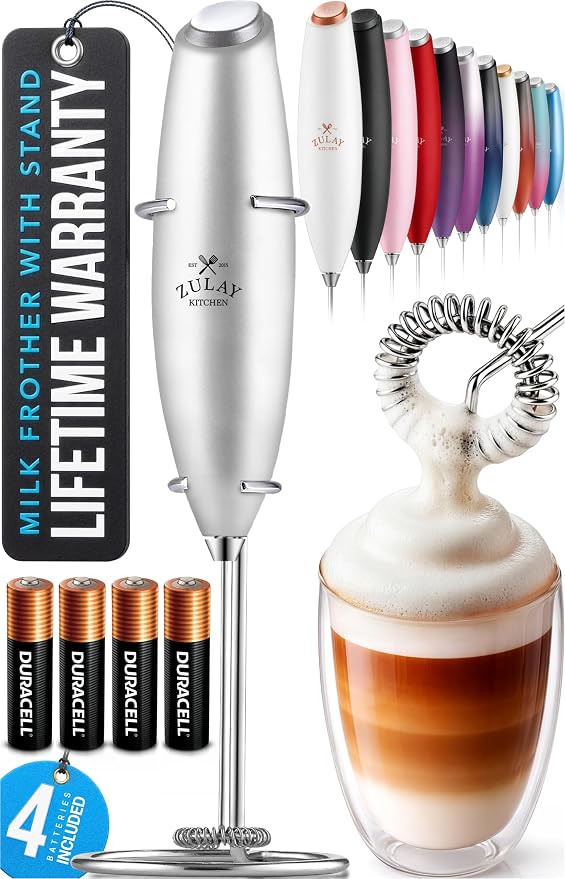 Zulay Kitchen Powerful Milk Frother Wand With Duracell Batteries - Ultra Fast Handheld Drink Mixer - Electric Whisk Foam Maker for Coffee, Lattes, Cappuccino & Matcha - Z1 Motor - Premium Silver