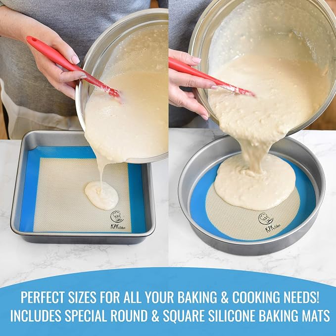 Silicone Baking Mat Set of 5, Nonstick Cookie Sheets, Multiple Sizes - Blue | 2 Half Sheets with Macaron & Cookie Circles, 1 Quarter Sheet, 1 Round & 1 Square, 100% Silicone, Easy-Clean, Reusable Liners.
