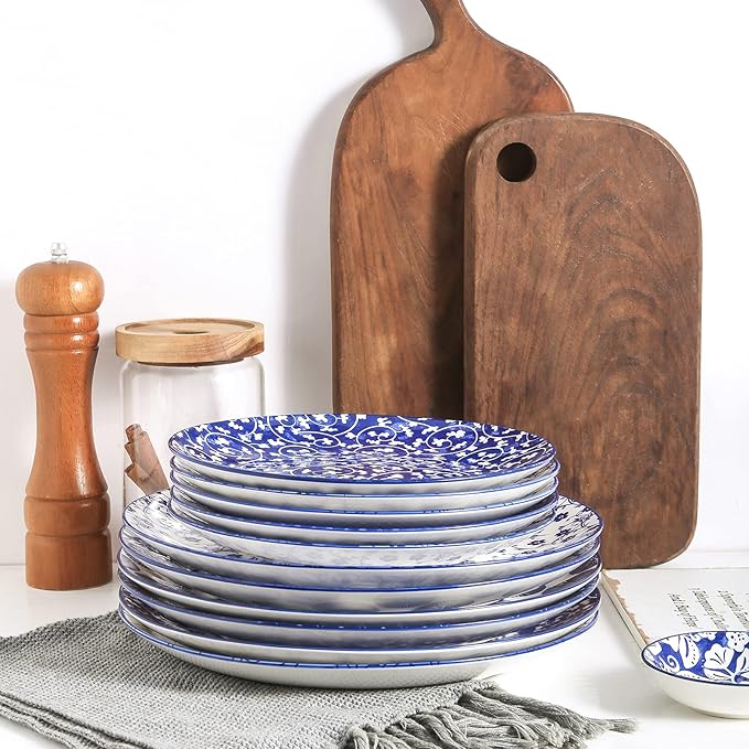 Selamica 8 inch Porcelain Dinner Plates, Large Size Serving Plate for Salad, Pancakes, Steak, Set of 6, Vintage Blue