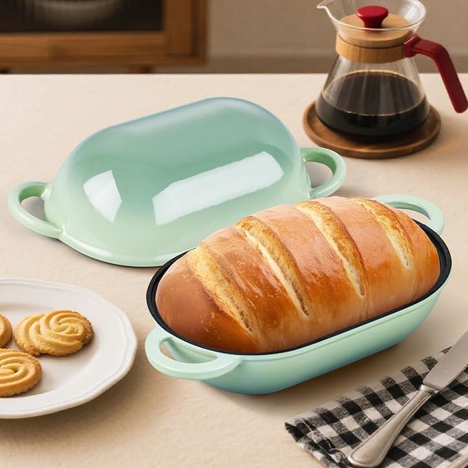 Homikit Enameled Cast Iron Dutch Oven for Bread Baking, 2.8 QT Oval Bread Oven Pot with Lid, 9.5 x 5.7 Inch Sourdough Loaf Baking Pan for Homemade Bread, Heavy Duty & Oven Safe, Pistachio Green