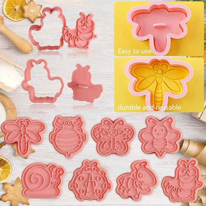 Insect Cookie Cutters Set, 8 Pcs Cookie Cutter with Plunger Stamps | Cute Cookie Cutters for DIY Biscuit Snacks Cheese Baking, Different Shapes, Rich Details and Textures