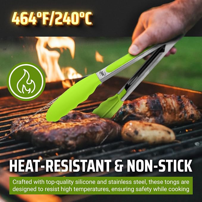 Kaluns Kitchen Tongs for Cooking Grilling Set of 4, BBQ Grill Tongs With Silicone Tip Stainless Steel Heat Resistant, Non-stick Pull Lock, Incl 7, 9, 12 Inch Tong Plus a Silicone Spatula