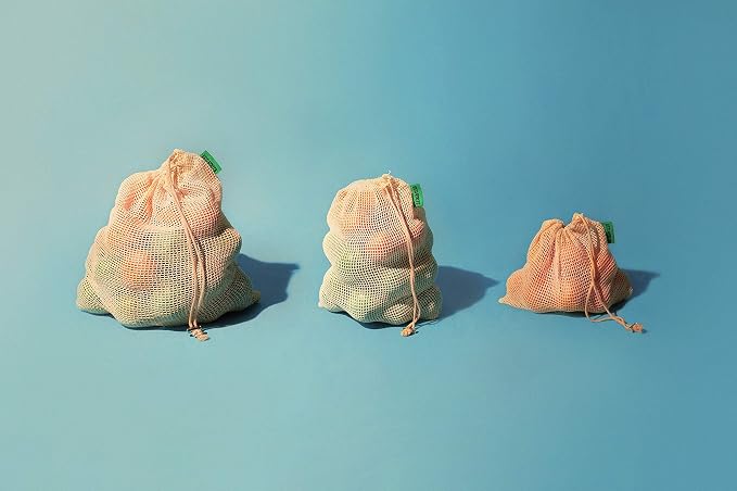 ECO ROOTS Reusable Produce Bags, Washable Cotton Mesh Produce Bags, 9 Pack | Nine organic cotton bags: six mesh and three bulk bags in three sizes, with tare-weight tags and drawstring closures