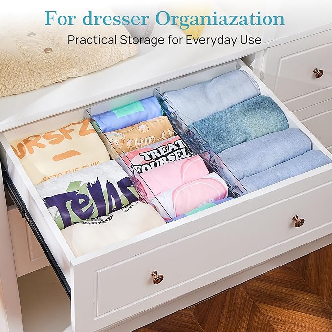 Vtopmart 8 Pack Drawer Dividers for Clothes, 4" High 10.2"-16.5" Adjustable Expandable Dresser Drawer Organizer, Clear Plastic Separators for Dresser, Baby Clothing, Underwear, Cosmetic, Toiletries | Expandable Dresser Drawer Organizer, Clear Plastic S...