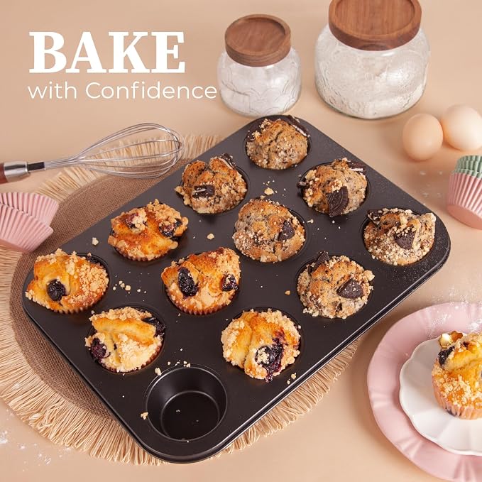CARTMAN 12-Cup Muffin Pan & 200 Liners, Nonstick Carbon Steel Cupcake Tin | Includes 200 liners, durable carbon steel, nonstick release, for cupcakes, muffins, egg bites, brownies, oven safe 450°F