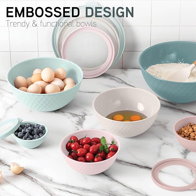 COOK WITH COLOR Mixing Bowls with Lids - 12 Piece Plastic Nesting Bowls Set includes 6 Prep Bowls and 6 Lids, Microwave Safe Mixing Bowl Set, Teal Embossed