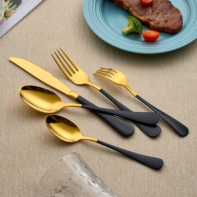 20-Piece Black and Gold Silverware Set 18/0 Stainless Steel Silverware Set Black Handle Cutlery Set Service for 4 Dinner Knives Forks Spoons Set Flatware Set Finish Dishwasher Safe