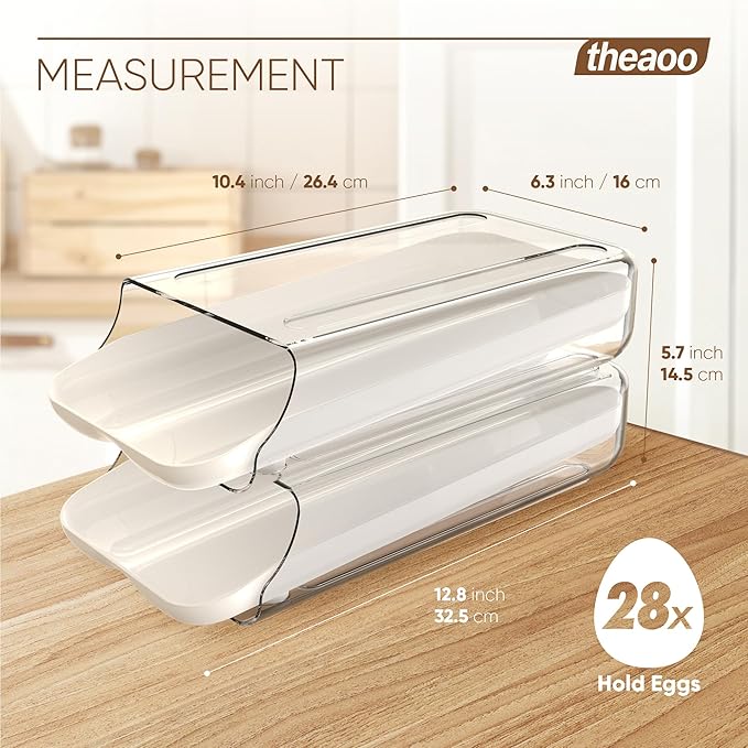 theaoo Egg Holder for Fridge, Automatic Rolling Egg Container, White, 2Pack | Quick Removable Inner Tray For Easy Egg Loading. Stackable Egg Dispenser For Refrigerator Storage And Organization