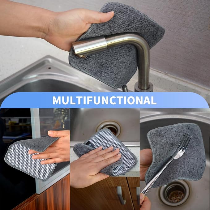 Dish Cloths for Washing Dishes with Scrub Side, Microfiber Dish Rags | Dual-sided microfiber dish cloths with scrubber for stuck-on food, quick dry kitchen washcloths 9 Pack, 6" x 6 Inch Gray