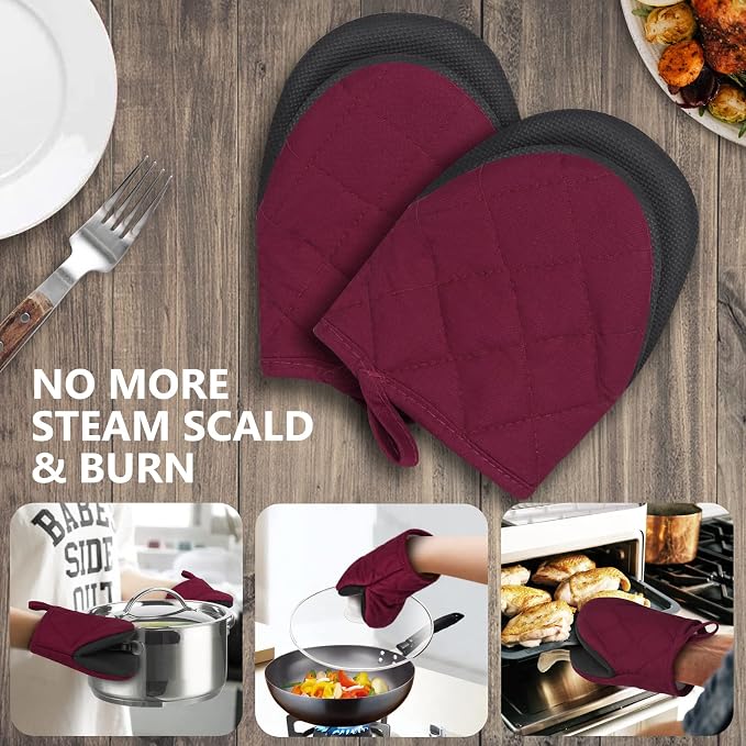 1 Pair Short Oven Mitts - Silicone Kitchen Oven Gloves High Heat Resistant 500℉, Mini Oven Mits with Non-Slip Grip Surfaces and Hanging Loop for BBQ, Baking, Cooking and Grilling (Dark Red)