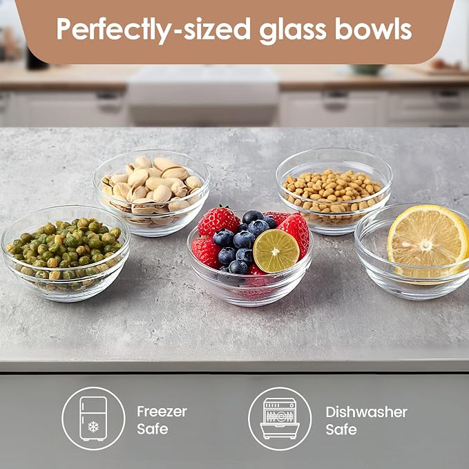 3.5in 4oz Small Glass Bowls, Mini Glass Containers, Ramekins, Prep, Pinch Bowl, Stackable Condiment Containers, for Prep, Dips, Nuts, Snacks, Candy Meal Prep Bowls, Dessert Bowls