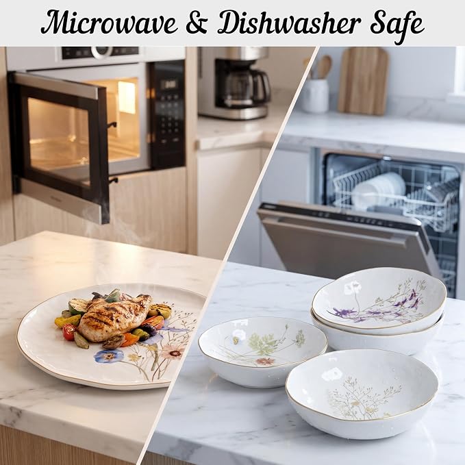 Sango 12-Piece Luxury Porcelain Dinnerware Set for 4- Glossy White Plates and Bowls Sets with Wildflower Patterns and Gold Rims, Ceramic Dish Set, Elegant Dishes for Everyday Dining, Gansevoort