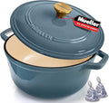 MUELLER HOME 6 Quart Enameled Cast Iron Pot Dutch Oven, Heavy-Duty | Oven-Safe to 500°F, For All Cooktops, Bread Pan with Lid & Knob, Cast Iron Cookware, Blue Kitchen Accessories, Mineral Blue