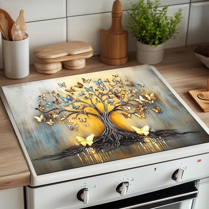 HOMETITUTE Blue Gold Butterfly Tree Stove Top Cover 28x20 Diatomite Mat