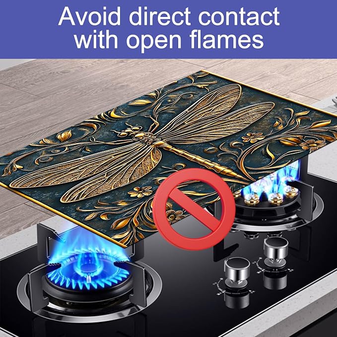 HOMETITUTE Golden Dragonfly Stove Top Cover 28x20 Diatomite Embossed Mat