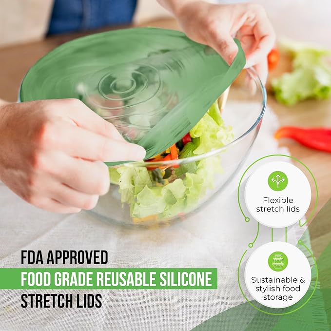 Reusable Silicone Stretch Lids for Food Storage in Fridge - Elastic Heat-Resistant Bowl Covers, Cups, Cans, Jars - Universal Food Grade Lid for Containers - 7 Pack - Light Green Stretchy Lid Set