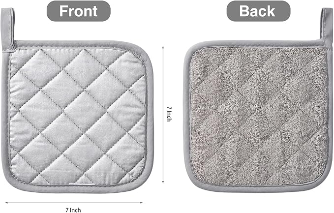 Kitchen Pot Holders Set Heat Resistant Pure Cotton Potholders Kit Trivets Large Coasters Hot Pads Terry Pot Holders for Everyday Cooking and Baking by 7 x 7 Inch Set of 4 Grey