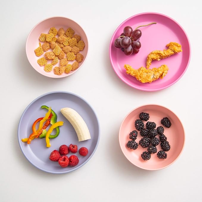Grow Forward Bamboo Kids Plates and Bowls Sets - 8-Piece Dishwasher Safe Non Toxic Plates for Kids - Reusable Eco Friendly BPA Free Dishes Dinnerware Sets for Children - Floral