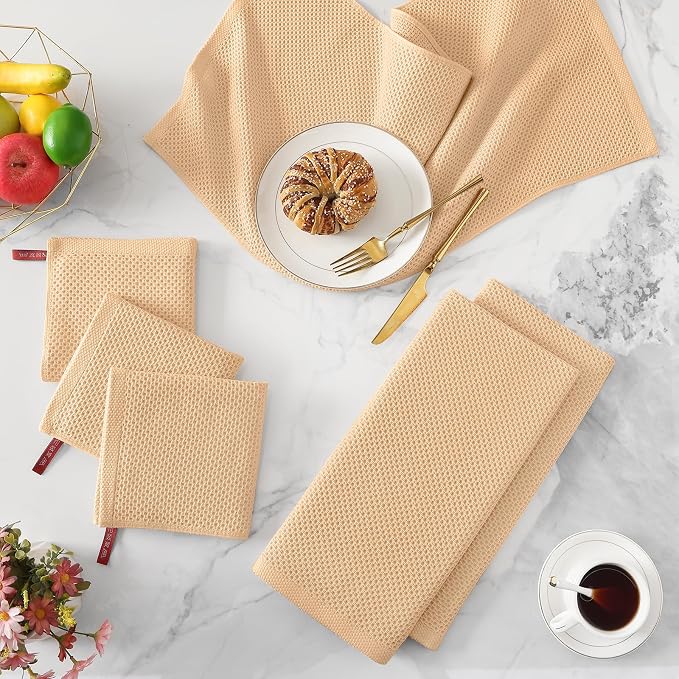 Kitinjoy 100% Cotton Waffle 4-Pack Kitchen Towels, 13" x 28", Apricot | Super Soft, Ultra-Absorbent, Fast Drying, lightweight, Quick Drying Kitchen Hand Towels