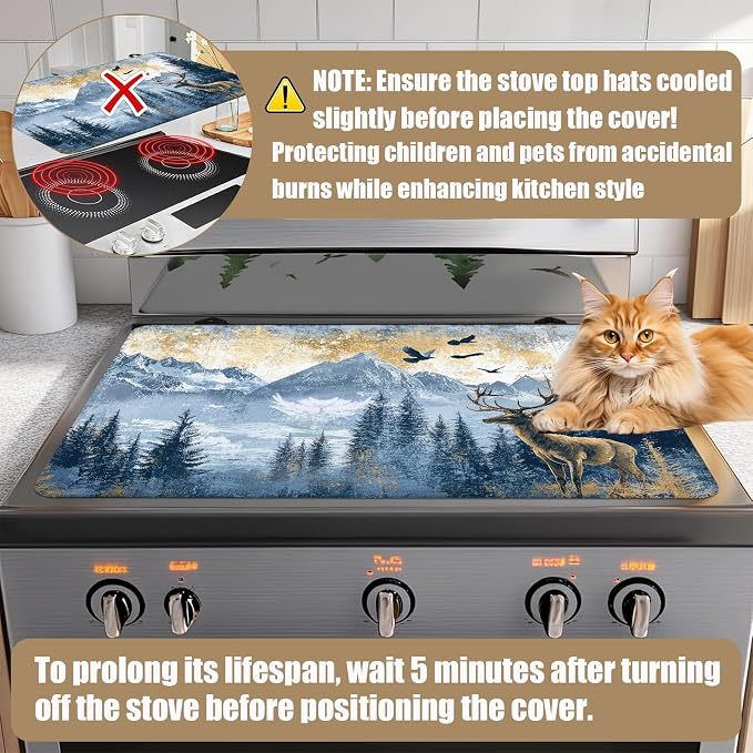 Misty Forest Deer Stove Top Covers for Electric Stove, Mountain Electric Gas Stove Pad Heat Resistant Range Cooktop Protector for Home Decor Kitchen 28"x20"