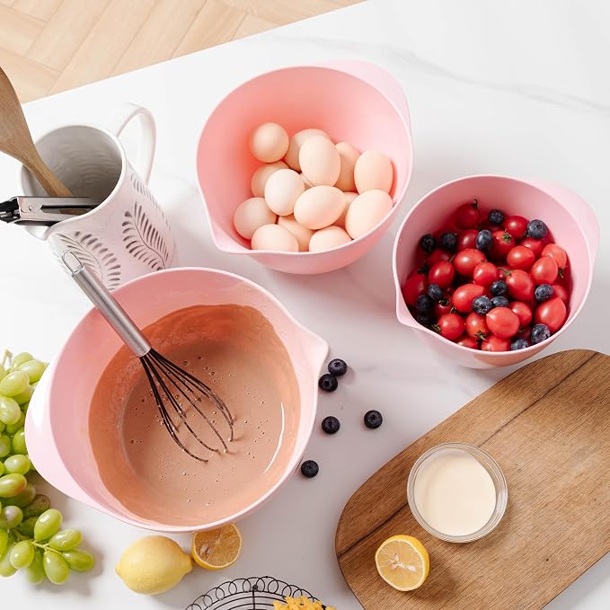 Nesting Melamine Mixing Bowl Set with Pour Spouts, Set of 3, Nesting Design Saves Space, Non-Slip, Size 2, 2.9 and 3.9qt, for Prepping, Mixing, Baking, Cooking, Pink