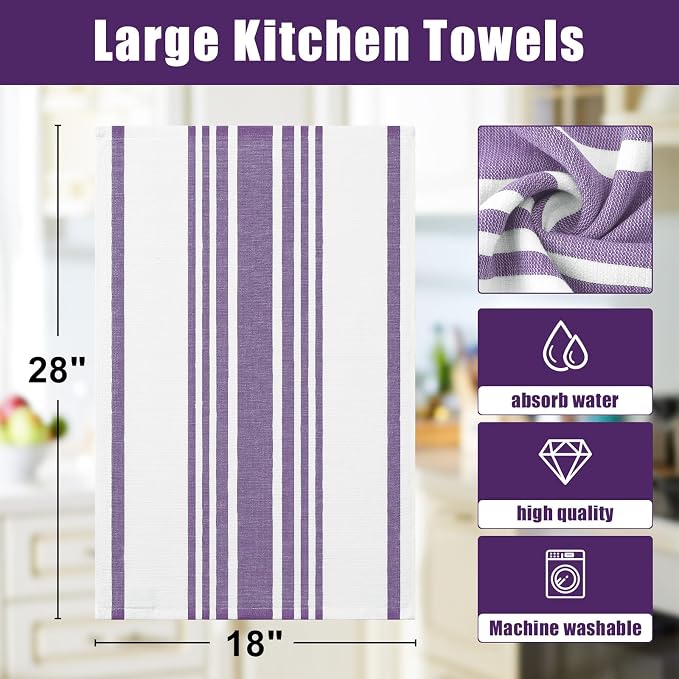 Homaxy Premium Cotton Stripe Kitchen Towels 6 Pack, 18"x 28", Purple | Large 380 GSM Kitchen Hand Towels, Soft Terry Dish Towels, Highly Absorbent Tea Towel Set with Hanging Loop