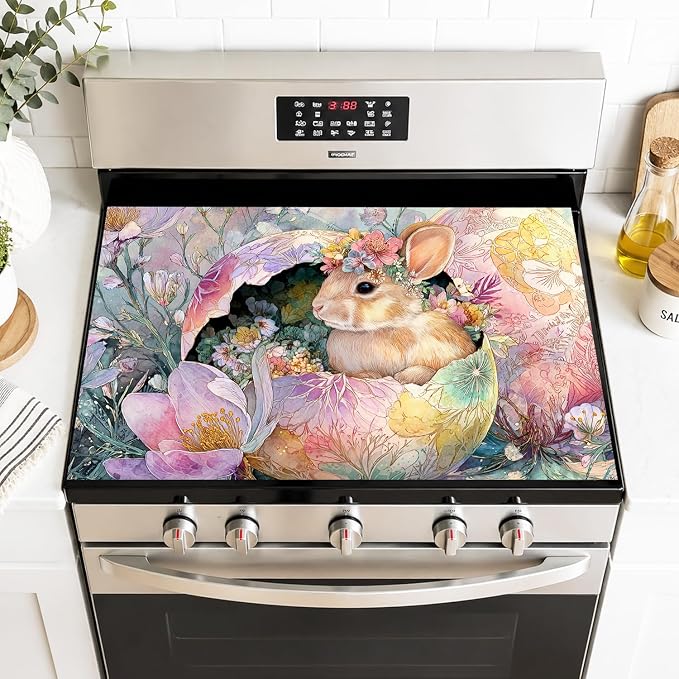 Stove Top Cover for Electric Stove 28.4 x 20.5 Inch Non Slip Stove Mat Oil Proof Easter Bunny Floral Glass Cooktop Protector Kitchen Mat