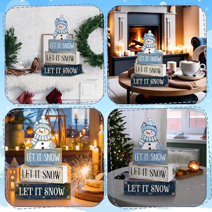 Lineshading 4 Pcs Wooden Snowman Table Decoration, Let It Snow Signs | Rustic Farmhouse Tiered Tray Decor, Christmas Winter Wood Blocks, Tabletop Centerpiece Gift, Snowman Hat Scarf Design