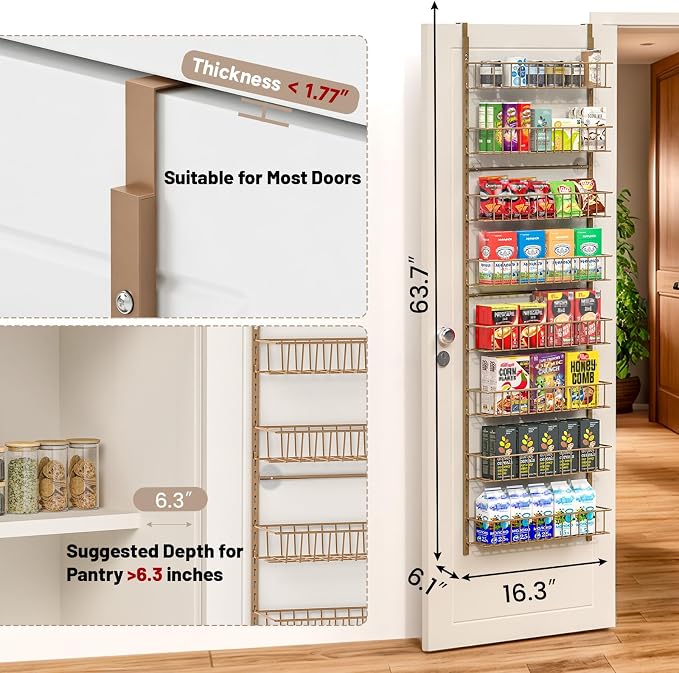 ElegantArray 8-Tier Pantry Door Organizer, Brown | Over The Door Pantry Organizer Rack and Storage, Hanging Spice Rack Shelves Door, Home Office Laundry Room Bathroom & Kitchen