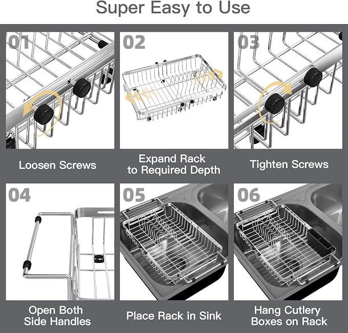 Dish Drying Rack Over The Sink with Utensil Holder | Expandable Stainless Steel Dish Drainer for Small Kitchen, Apartment, RV, Counter Space Saving, Perfect Fit, Rustproof