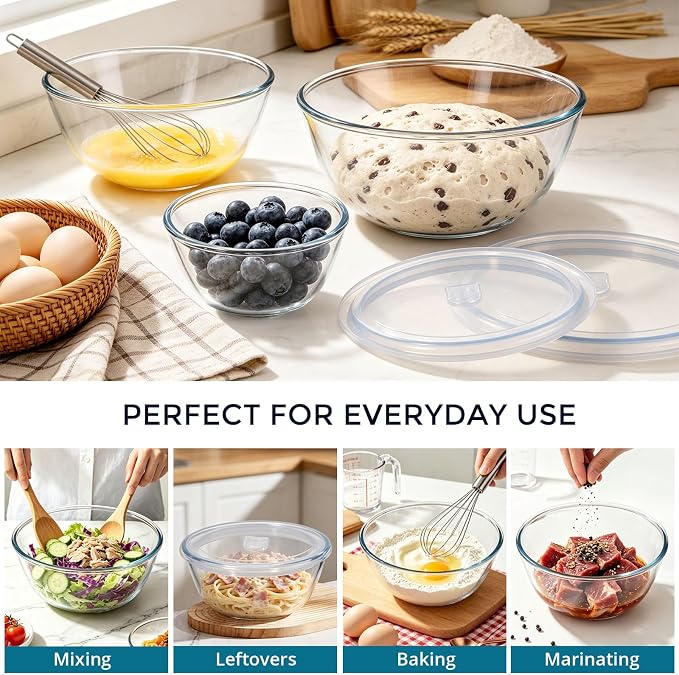E-far Glass Mixing Bowls with Airtight Lids Set, 4.8,2.9,0.8 Qt Thick Glass Salad Bowls for Cooking Prep Serving, Large Clear Nesting Bowls for Storage Sourdough Proofing, Dishwasher Safe, 3 Pack