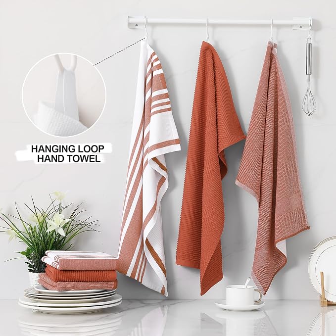 Homaxy Cotton 380 GSM Premium Kitchen Towels, 18"x 28", 6 Pack, Rust | Soft and Absorbent Terry Dish Towels, Multipurpose Tea Towel Set with Hanging Loop, 3 Styles Kitchen Hand Towels