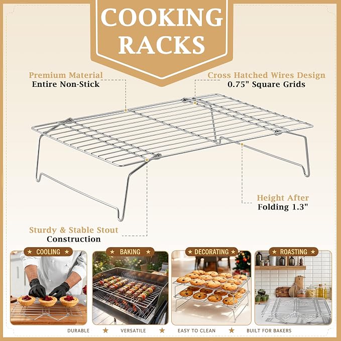 LIANYU 5-Tier Stackable Cooling Rack for Cooking & Baking, 10"x15", 2 Pack | Stainless Steel Collapsible Cooling Rack for Cookies, Cakes, Baking Wire Racks Fits Jelly Roll Pan, Oven & Dishwasher Safe