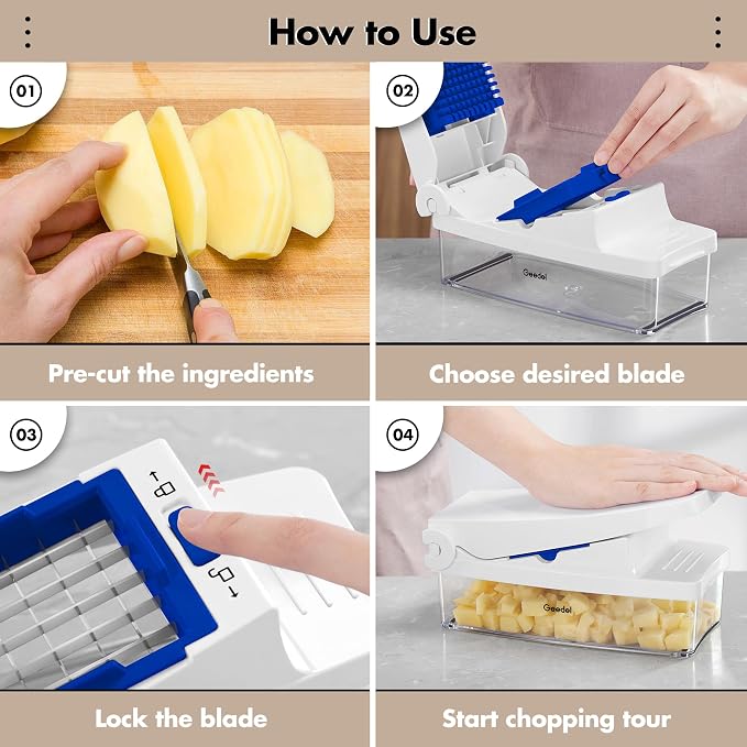 Geedel Vegetable Chopper with Container, 4 in 1 Food Chopper Veggie Slicer | Onion Chopper, 420 Stainless Steel, Safety Lock, Dishwasher Safe, No BPA, Cleaning Brush Included, for Vegetables, Cheese