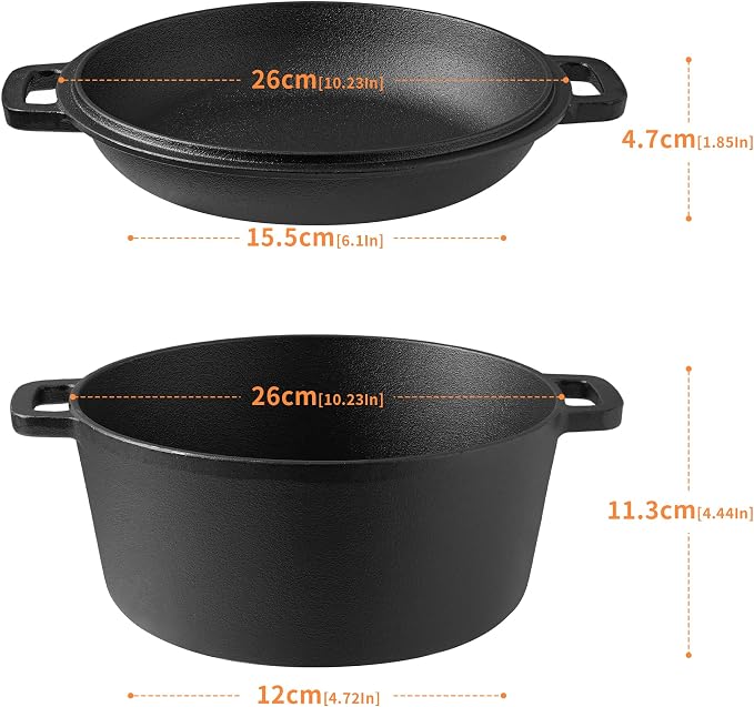 Vivicreate 5 QT Cast Iron Dutch Oven 2 in 1 Pre Seasoned with Skillet Lid Oven Safe Campfire Baking Sourdough Bread Camping Cookware Ollas de Hierro Fundido Para Cocinar Olla de Cocina Grande