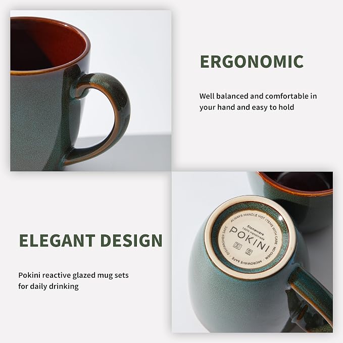 Pokini Coffee Mug 14 oz, Ceramic Coffee Mugs Set of 6, Reactive Glaze Mug for Latte/Tea/Cappuccino, Large Stackable Mug Set for Men, Women, Dad, Mom, Dishwasher & Microwave Safe, Brown Green